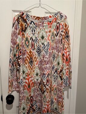 Tommy Bahama Ikat Print Shift Dress Large Boho 3/4 Sleeve Resort